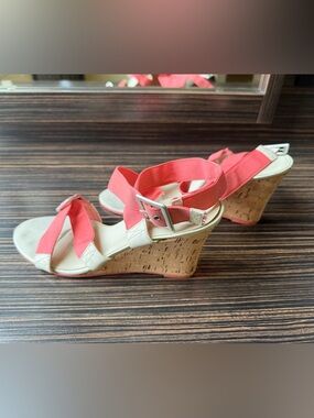 Farylrobin Coral and Cream Cork Wedge Sandals